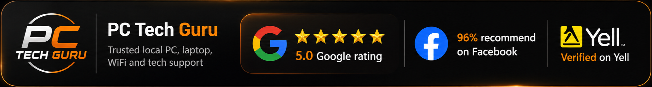 PC Tech Guru review proof showing 5.0 Google rating, 96% Facebook recommendations and Yell verification